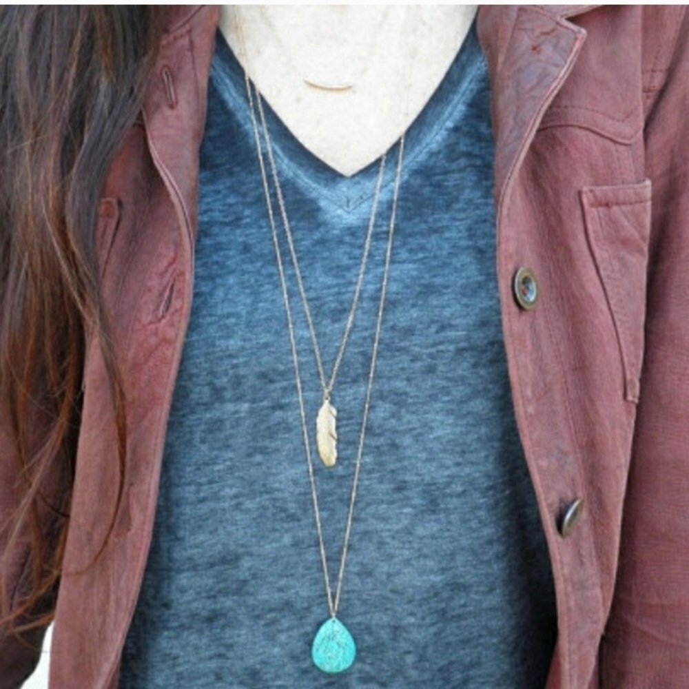 ☝️LAST☝️Gold Bar, Feather, & Blue Stone Tiered - Picture 2 of 3